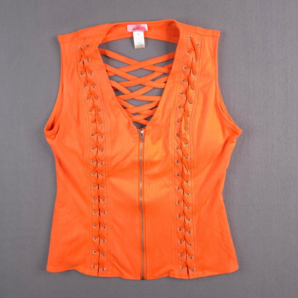 Lydia USA Womens Plus 3XL Orange Lace Up Front Back Zip Sleeveless Vest Top